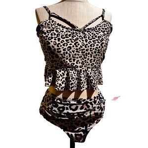 2 PIECE RUFFLED LEOPARD PRINT TANKINI SWIMSUIT SIZE XL
